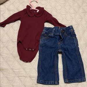 Burgundy Onesie and Blue Jeans Set
